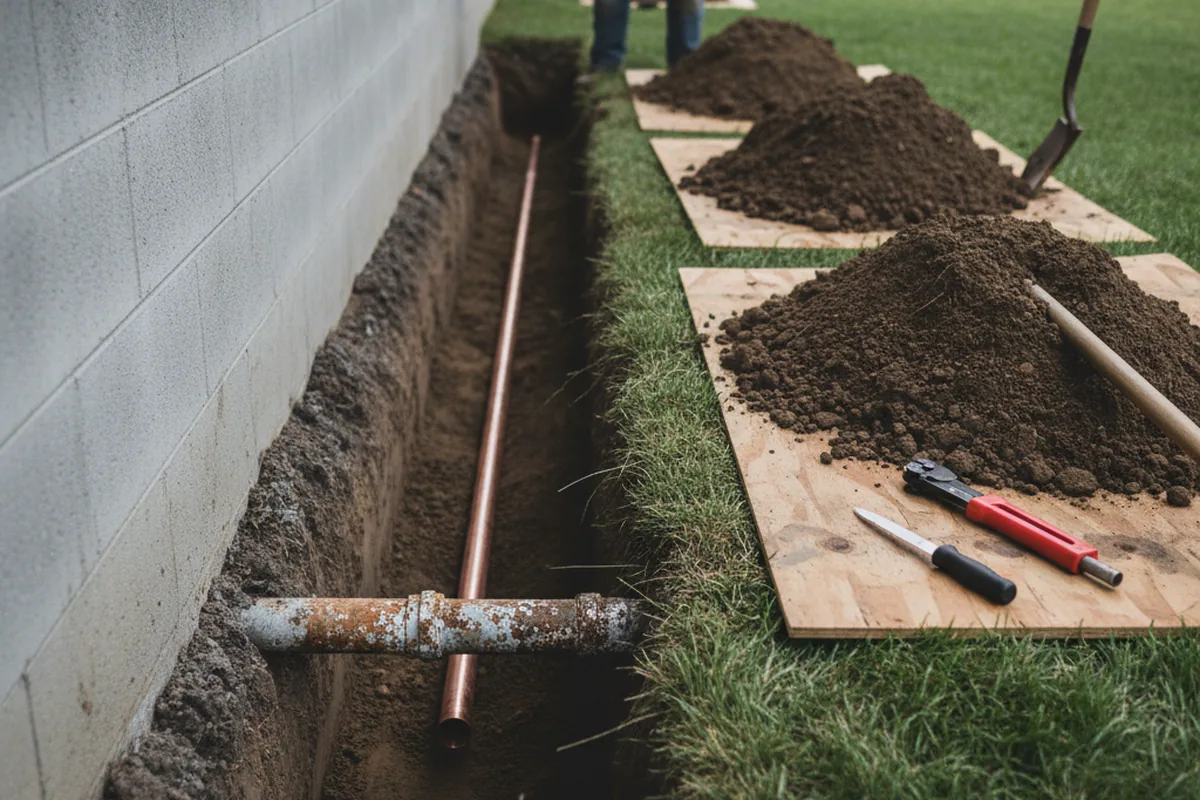 Excavated water line trench during Water Softener Installation in South Branch